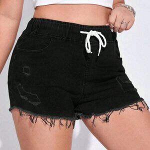 Plus Black Drawstring Waist Ripped Raw Cut Denim Shorts